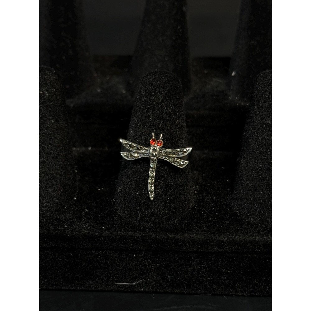 Sterling Silver Garnet Marcasite Dragonfly Ring Size 6.75 - Picture 6 of 13